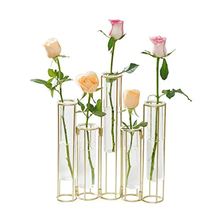 Radefasun Hinged Flower Vases with 5 Test Tubes Glass Flower Vase with Metal Stand Can be Bent and Contorted Propagation Station Plant Display Holder Set for Home Wedding Décor