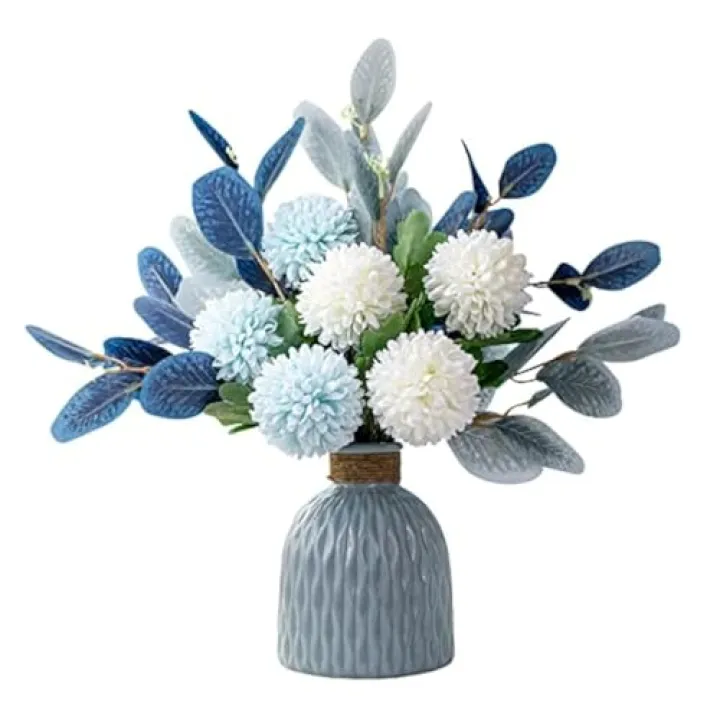 FTPRO Artificial Flowers and Vases,Fake Hydrangea with Eucalyptus Bouquet Combination, Realistic Dining Table, Living Room Home Decoration （Blue）