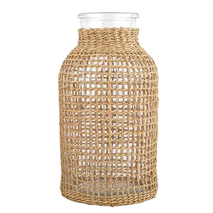 VORCOOL Rattan Woven Vase Rustic Country Style Flower Basket Glass Pot Seagrass Woven Floor Standing Vase for Home Flower Arrangement Table Centerpiece