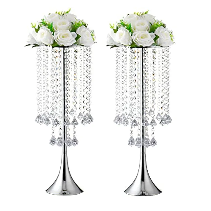 Luxurious Crystal(22.83"/58cm H) 2pcs Flower Stand Wedding Centerpieces on Floor, Tall Metal Flower Arrangement Stand, Tabletop Flower Vase for Wedding Party Dinner Event Hotel/Home Decor