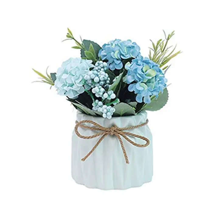 Hisow Fake Hydrangeas with Pot, Mini Hydrangea Artificial Flowers Artificial Plant in Ceramic Vase for Office Desktop Decorations (Blue)