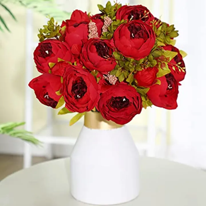 Syhood 2 Bunches Artificial Silk Peony Vintage Flower Bouquet for Party Home Table Centerpieces Wedding Decoration (Red)