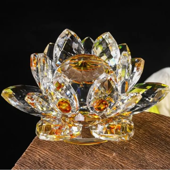 Sparkle Crystal Lotus Flower - 4'' Hue Reflection Clear Crystal Lotus for Feng Shui Home Decor Sun Catcher Ornaments or Paper Weight with Gift Box (100MM) Transparent Golden
