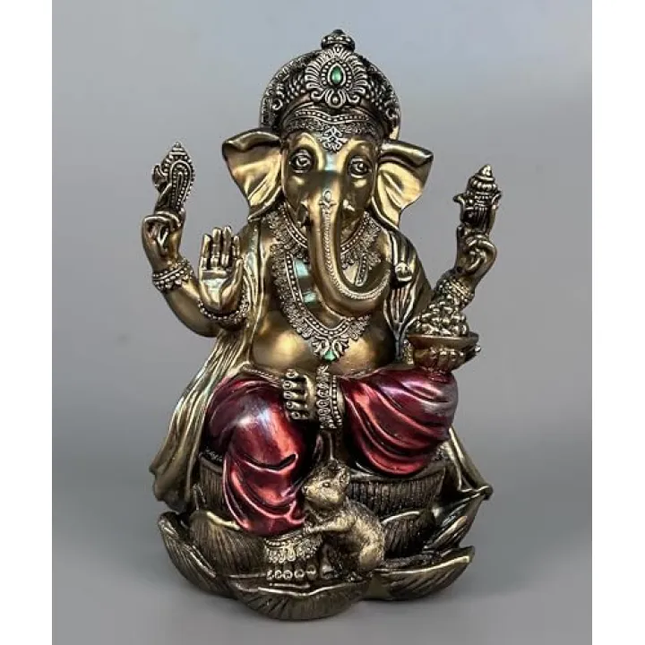 JORAE Ganesh Statue Elephant Buddha Sitting on Lotus Pedestal Lord Blessing Home Decor Hindu God Collectible Antique Bronze Finish Meditation Figurine, 7.2 in, Polyresin