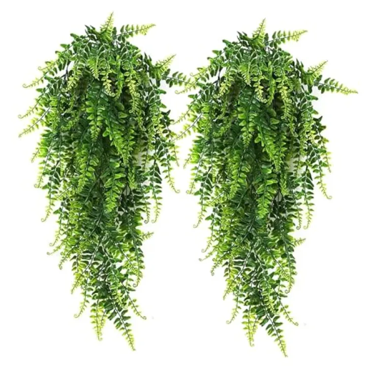 RECUTMS Hanging Artificial Plants 4Pcs UV Resistant Fake Boston Fern Realistic Faux Greenery Plastic Ivy Vines for Wall Home Room Garden Wedding Party Garland Outside Decoration(Green)