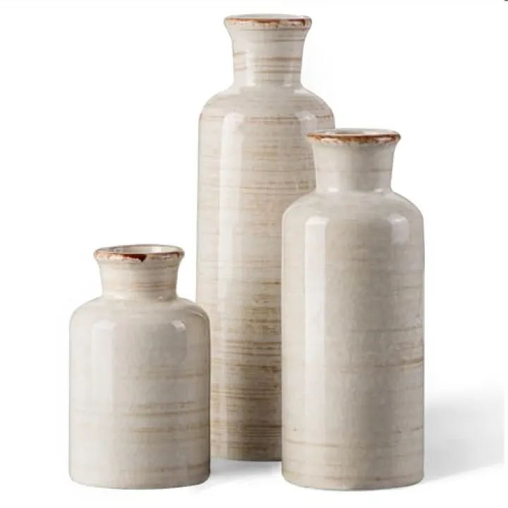 CwlwGO- Ceramic Rustic Vase 3 Piece Set,Small vase for Country Home Decoration,Modern Farmhouse Decor, Living Room Table Decoration, Bookcase, Fireplace and Entrance Decorations.(White)