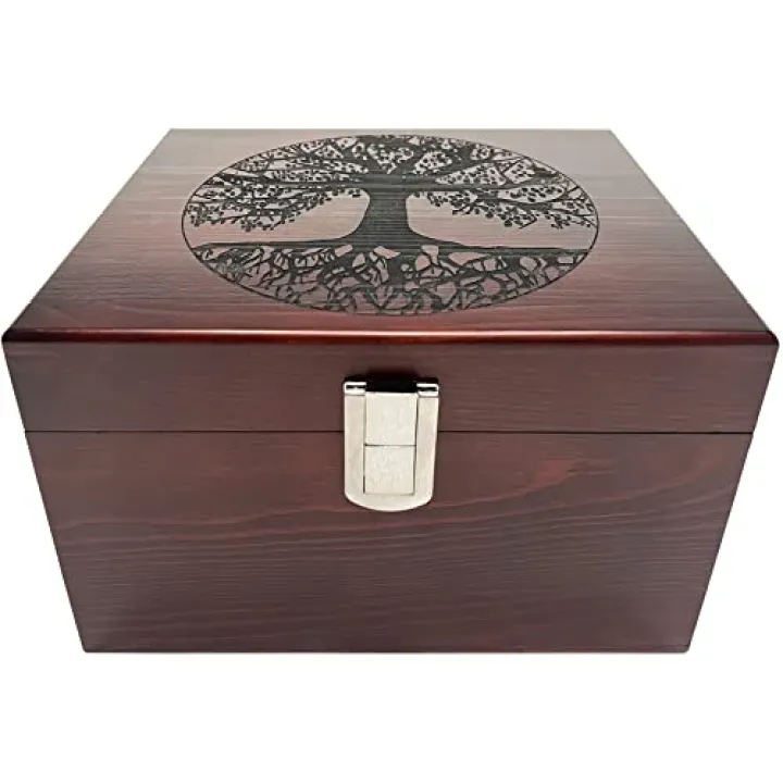Blake & Lake Tree of Life Large Wooden Decorative Box - Wooden Keepsake Box with Hinged Lid and Metal Latch Wood Storage Boxes with Lid Engraved Design (Dark Pine Wood)