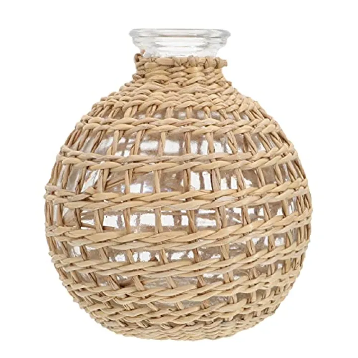 Cabilock Woven Glass Vase with Rattan Cover Handmade Small Neck Aromatherapy Incense Bottle Ornament Decorative Home Table Centerpiece for Dining and Living Room