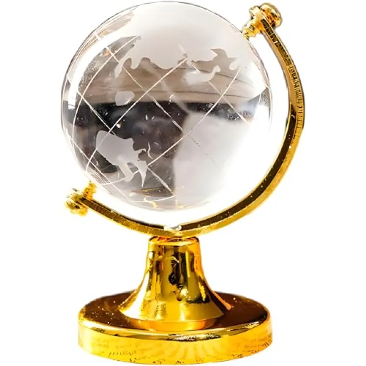 YOFAN Mini Crystal Sphere Globe, Round Earth World Glass Ball Decorative Crystal Desktop Ornament Home Office Decor Golden