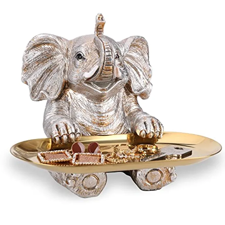 Silver Elephant Statue For Home Decor Accents Living Room Bookshelf TV Stand Office. Trinket Dish. Retirement Appreciation Gift -Gift for Mom Boss Co-workers, Teachers, Nurse, Friends, Wife, Sister