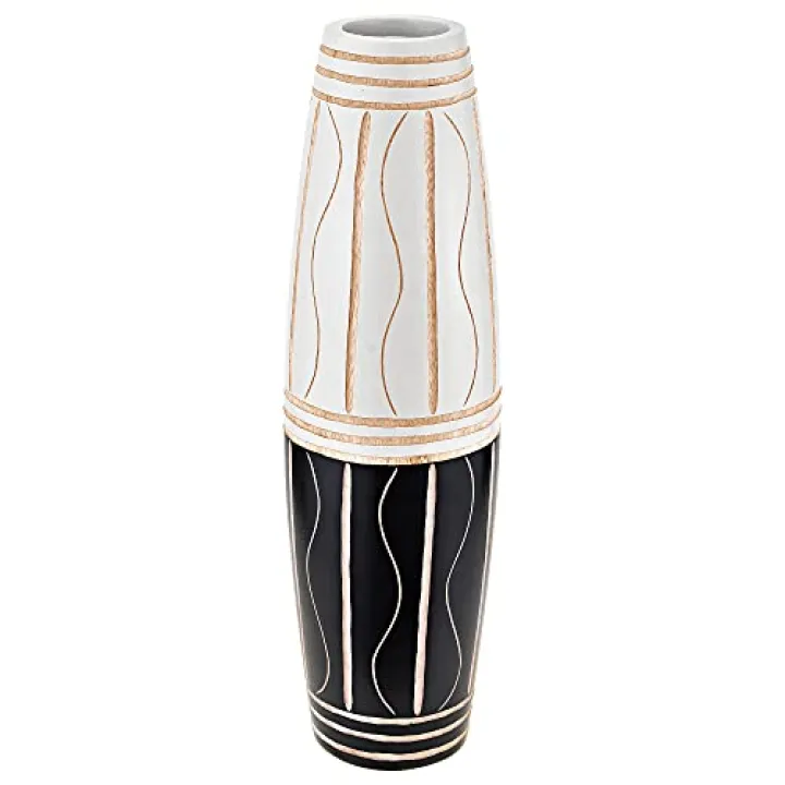 Curvy Weave Two-Toned Black and White 14-inch Mango Tree Wood Vase | Modern Farmhouse Home Décor | Kitchen Bedroom Living Room Home Decoration