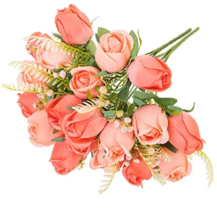 FuleHouzz Artificial Rose Flower 20 Heads 2 Bundles Bridal Bouquet Silk Rose Bulk for Wedding Home Valentine's Day Party Decor, Mixed Living Coral