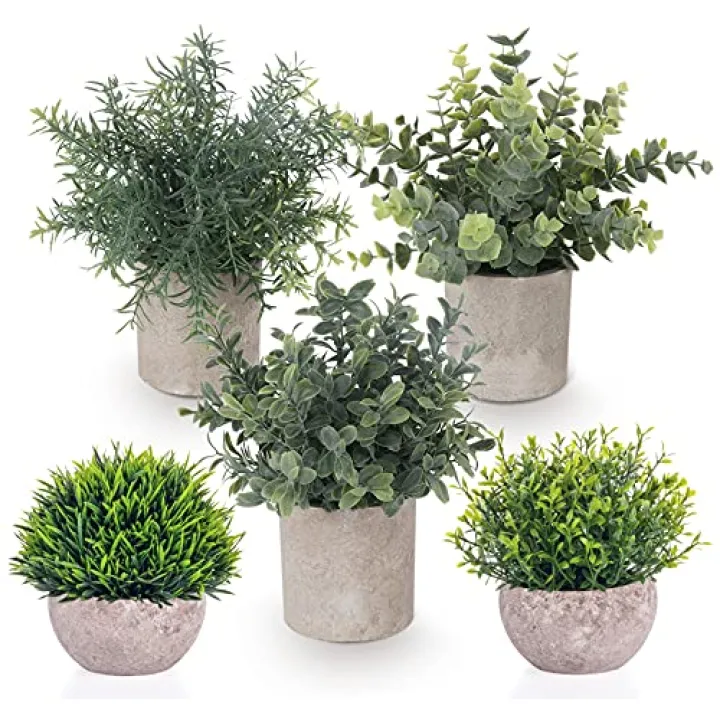 Fake Plants,5 Pack Small Fake Plants Mini Potted Artificial Eucalyptus Greenery Plastic Green Grass Plants for Indoor Outdoor,Mini Faux Plant for Shelve Desk Table Farmhouse Bathroom Shelf Decor