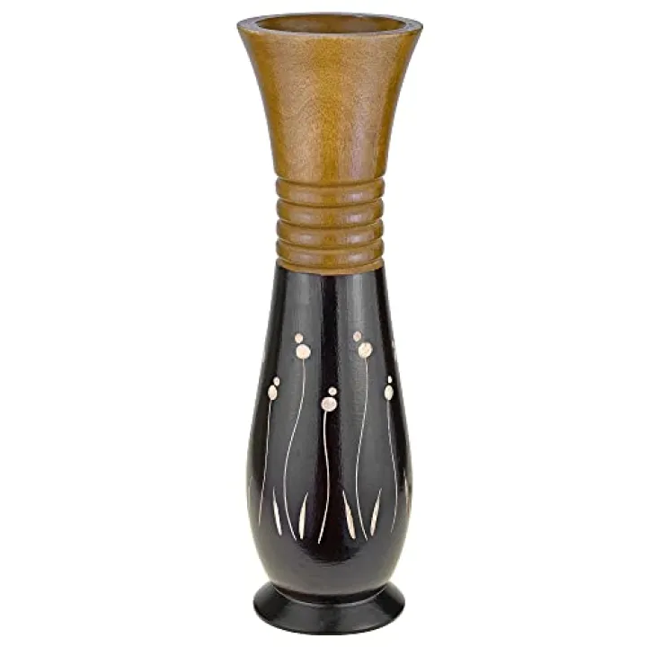 AeraVida Versatile Nature Inspired Grass and Flowers Handcarved Wooden Table Vase in Black and Brown Stain for Unique Tropical Home Décor | Black Wooden Vase | Vases Home Decor