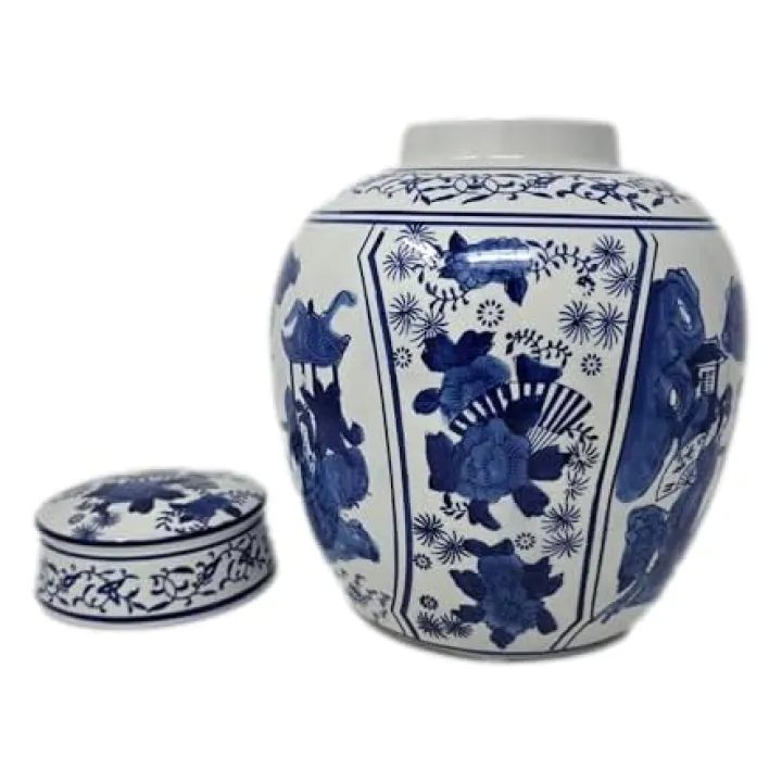 Festcool Blue and White Porcelain Ceramic Covered Jar Vase, Beautiful Antient Ladies , Jingdezhen (J19), 10''