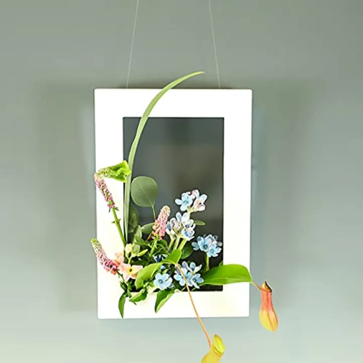 WANDIC Floral Arranging Vase, White Rectangle Photo Frame Shaped Plastic Ikebana Vases & 5cm Rectangle Flower Frog for Ikebana Floral Arrangement Art Home Decor