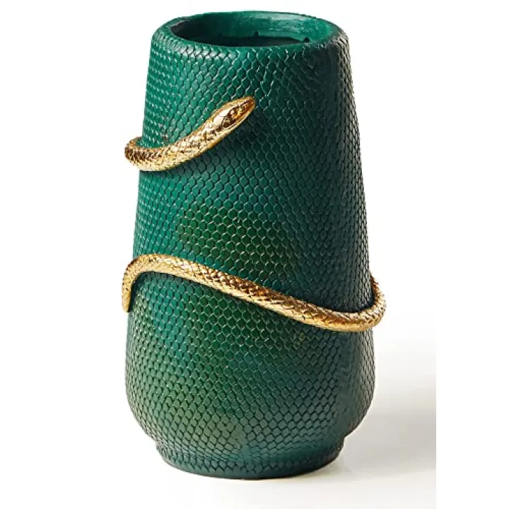 Flower Vase 8 Inch Green and Gold Snake vases for Decor, Unique Flower Vase for Bookshelf, Dinner Table, Living Room, Mantel, Halloween Decor (Upgraded)