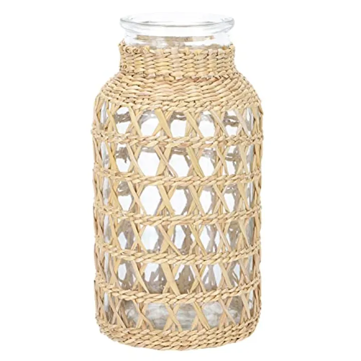 Cabilock Small Clear Flower Vase with Rattan Woven Cover Flower Bud Container for Farmhouse Floral Arrangements Housewarming Party Decorations (3.2x3.2x6.2 inch)