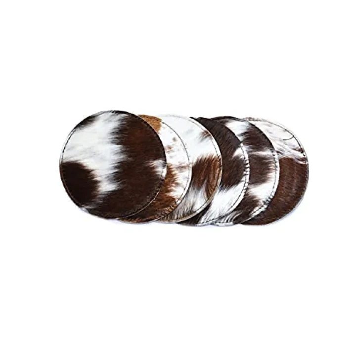 NGF Cowhide Coaster Set of 6 pcs Natural Cowhide Drink Coasters Hair On Round Coasters Leather Tea Cup Coasters Home Decor & Home Living Ideas Multicolor 4.5 x 4.5 x 0.5 inches