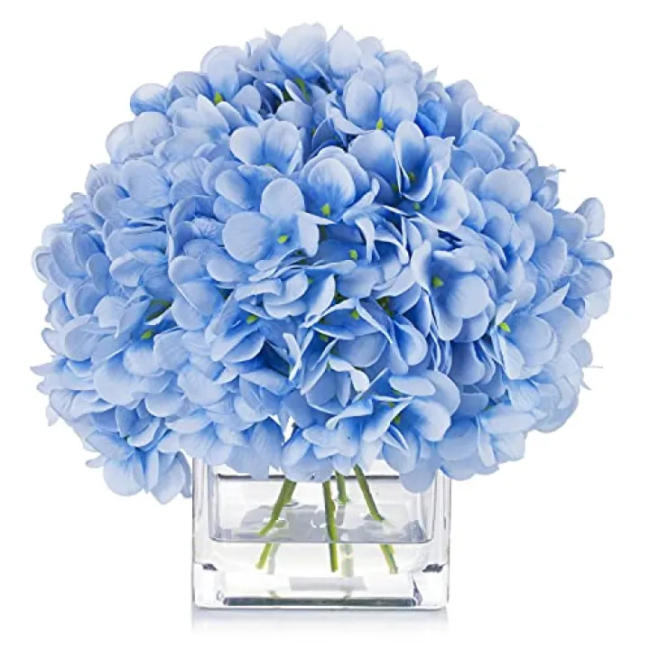 Enova Floral Artificial Flowers Silk Hydrangea Fake Flowers Arrangement in Cube Glass Vase with Faux Water for Home Office Wedding Party Event (Blue)