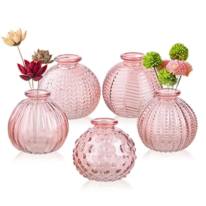 ELEGANTTIME Single Glass Bud Vase Pink Vases for Centerpieces Decor Glass Flower Vase Bottle with Crok Wire Iron Handle Design for Cafes, Office Table, Home and Garden