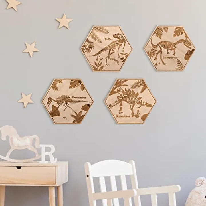 Maitys 4 Pcs Dinosaur Room Wall Decor for Boys 5.1'' x 5.9'' Wooden Dino Wall Art for Kids Baby Nursery Playroom Bedroom Classroom Decorations