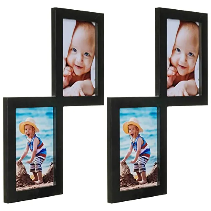 EXCELLO GLOBAL PRODUCTS Diagonal Collage Frame Holds Two 4x6 Photos: Ready to Hang Modern, Barnwood, Farmhouse, Beach House Wood Picture Frame (Black)