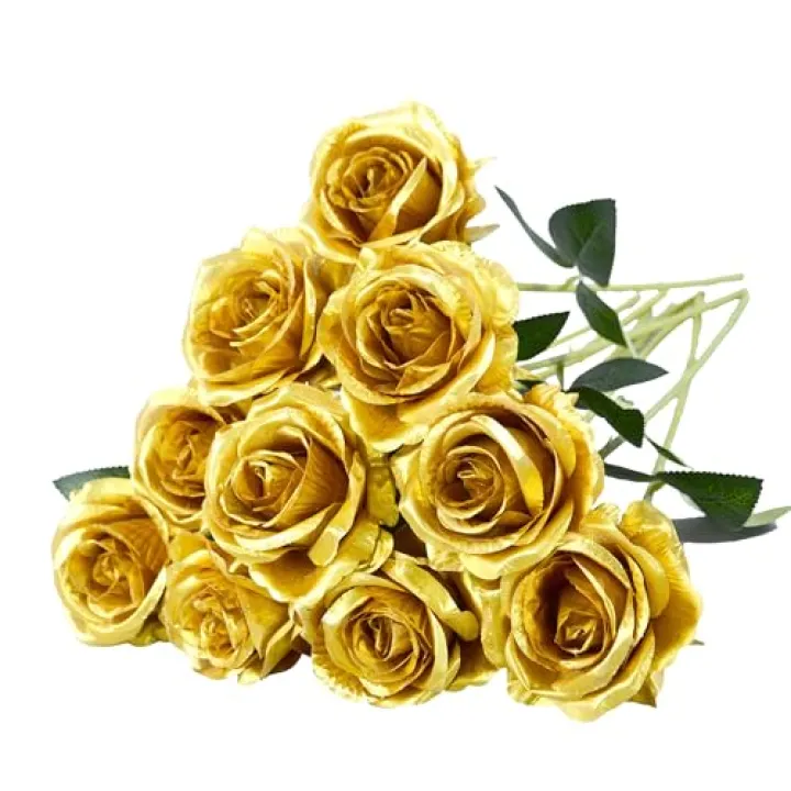 10 Pcs Gold Rose Artificial Flower, Faux Silk Flowers With Long Stems, Fake Roses Bulk Bouquet for Decoration Valentine's Day Centerpieces Proposal Bridal Bouquets Shower Party Home Floral Decor
