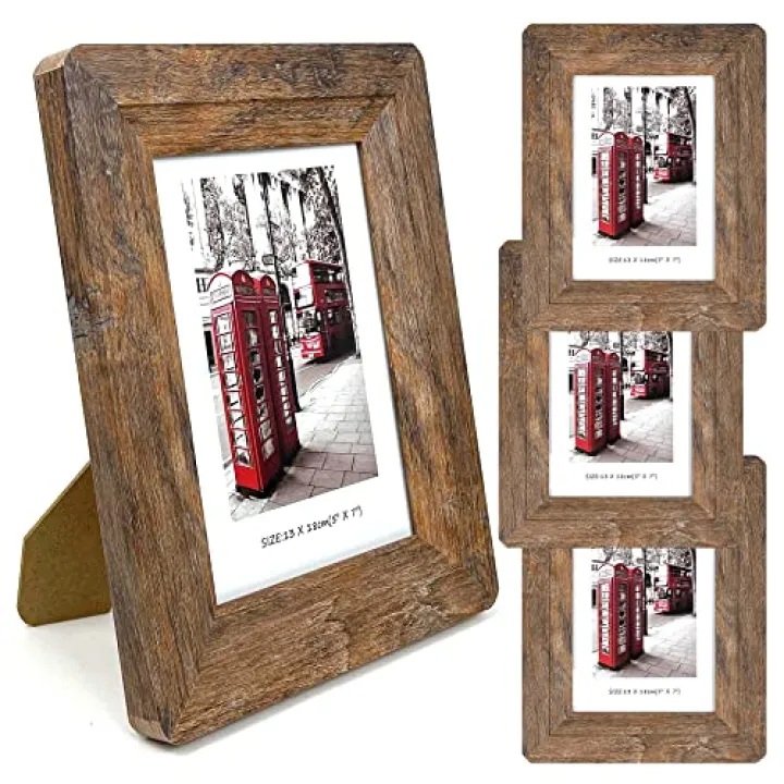 5x7 Picture Frames Set, Set of 4 Wooden Picture Frames Real Tempered Glass and Composite Wooden Rustic Rounded Corners Photo Display for Tabletop Wall Mount (Brown)