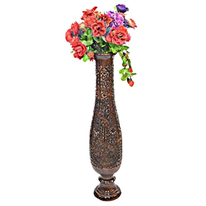 Uniquewise Antique Decorative Hand Curved Brown Mango Wood Floor Flower Vase Trumpet Design with Unique Textured Pattern, 36 Inch QI004012