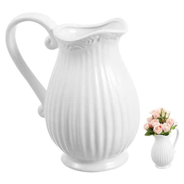 Yardwe White Ceramic Pitcher Vase 7 Inch Striped Porcelain Flower Container for Dried Flowers Home Decor Dining Table Living Room Accent