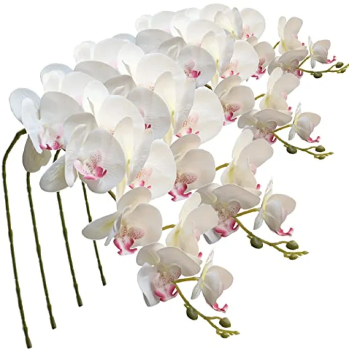 FagusHome 9 Heads Artificial Phalaenopsis Flowers 4 Pcs Artificial Orchid Flowers 42 inch Stem Plants for Home Décor (Red-White)