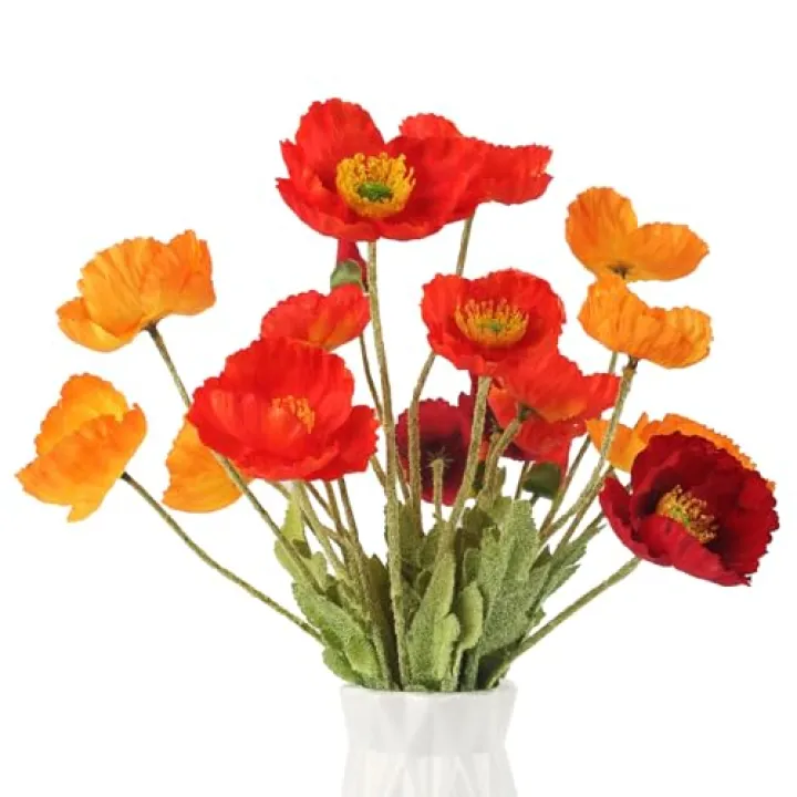 Glamrce Artificial Poppies, Red and Orange Silk Poppies Artificial Flowers - 15 Blooming California Poppy Flower Artificial Plus 5 Buds for Home Decoration, RDOR5