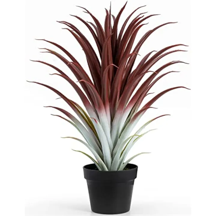 SUNPRAIRIE Hyper Realistic Big Red Artificial Aloe Vera Plant 26 Inches Tall. Large Faux Agave in Matte Black Pot.