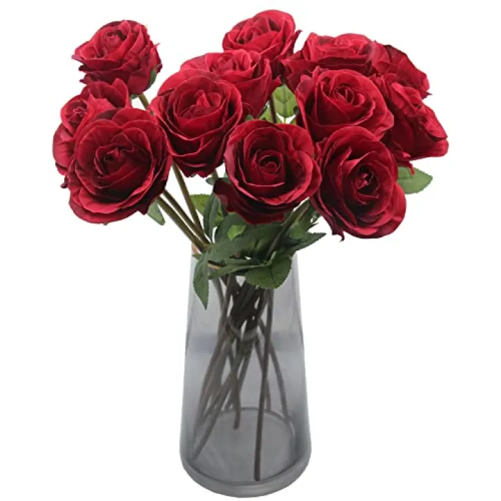 Hananona Artificial Roses Flowers for Flower Arrangement, 12 Pcs Silk Red Rose Bouquet for Home Decoration, Faux Roses for Parties and Wedding Decoration (Red, 12)