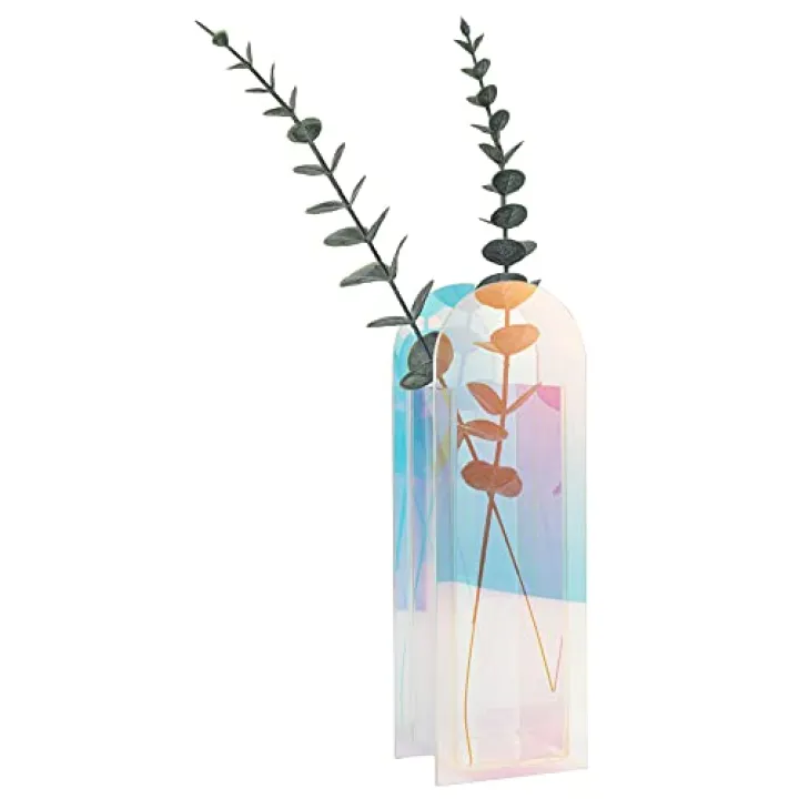 Iridescent Acrylic Vase for Artificial Flower Fake Eucalyptus Plant Leaves Office Home Decor Contemporary Tabletop Minimalist Geometric Mini Decoration Make Up Brushes Organizer Holder, Rainbowtall