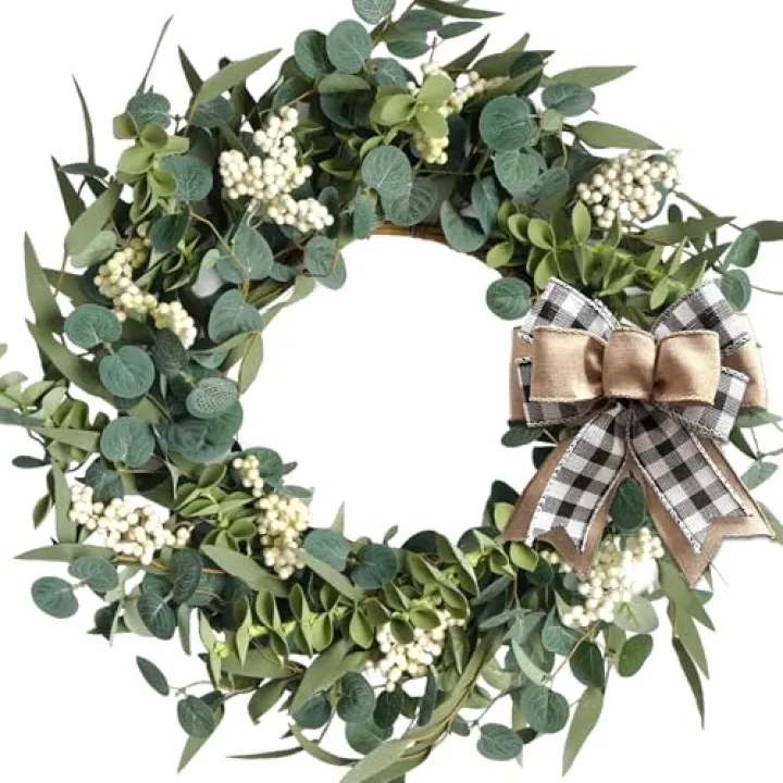 TEMPUS 20-Inch Artificial Eucalyptus Wreath Handmade Spring Summer Door Hanging, Farmhouse Wall Decor, Wedding Gift, Outdoor-Friendly Green Leaf Wreath