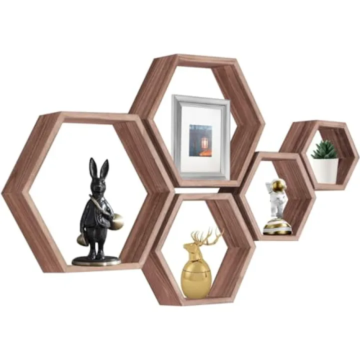 PHOENANCEE Hexagon Floating Shelves,Honeycomb Shelf Set of 5,Octagon Shelves Wall Mounted Hanging Storage Cube Wood for Bathroom Kitchen Bedroom Living Room Office Home