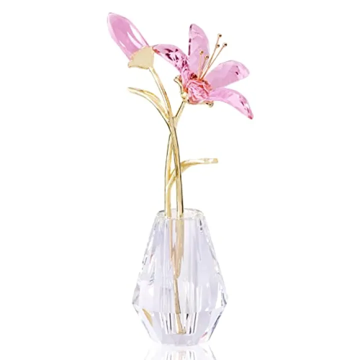 YWHL Crystal Lily Flower Figurine with Vase, Handmade Pink Glass Lily Flower Gifts for Woman, Wedding Gifts for Couple, Home Party Decorations (Pink)