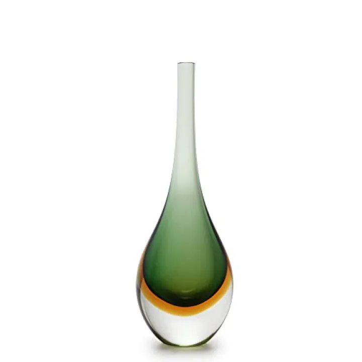 Ca D Oro Small Drop Glass Vase Bicolor Green/Amber Hand Blown Murano-Style Art Glass - Model Tall