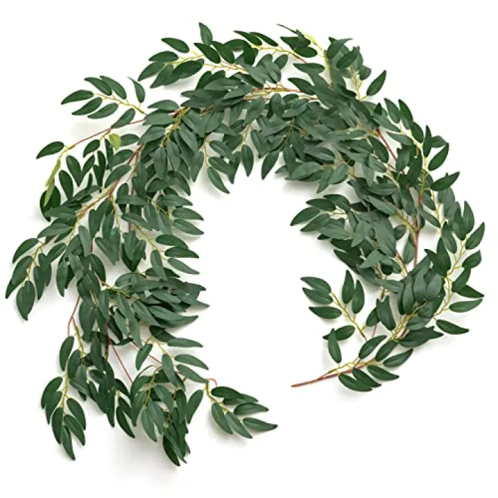 Ling's Moment Italian Ruscus Greenery, 5.9ft Artificial Silk Real Touch Willow Leaf Garland, Fake Wispy Rustic Vine Stem Swag for Table Centerpieces Wedding Arch Decor, Dark Green