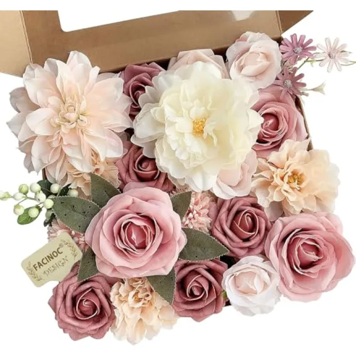 FACINOC Roses Artificial Flowers Pink Bouquets Box Set for DIY Bridal Wedding Shower Decorations Fake Floral Arrangements for Party Table Centerpieces Home Decor Indoor Outdoor Dusty Blush 19pcs