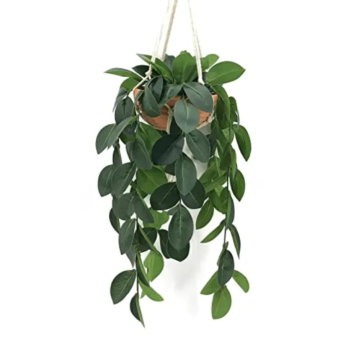 Hisow Hanging Plants Artificial Decor, Fake Hanging Plant in Clay Pot Artificial Hanging Plants with Fake Leaves and Hook for Wall Home Room Indoor Outdoor Décor (Dark Green)