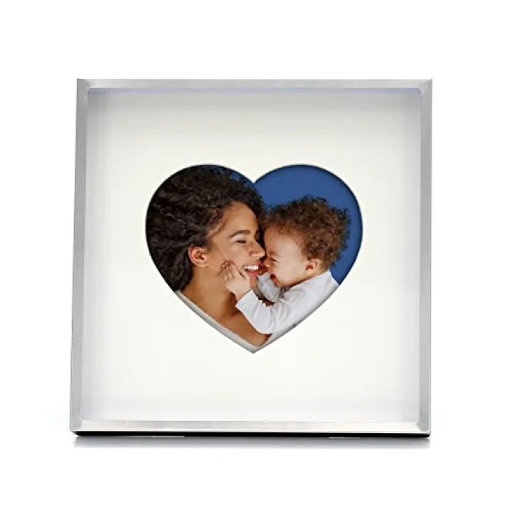 MIMOSA MOMENTS 6x6" Minimalist Silver Metal Picture Frame with Mat for Heart-shaped Photo, Shadowbox Frame for Tabletop Display (4x4", Brushed Silver- Heart Opening)