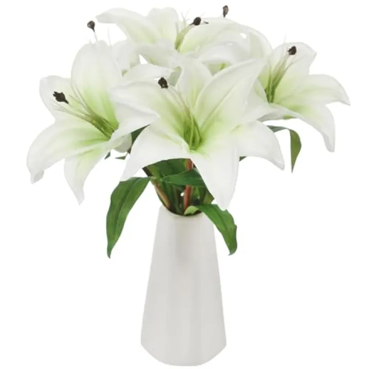 Tinsow 6 Pcs Artificial Lily Real Touch Fake Flowers Lily for Wedding Home Party Garden Shop Office Decoration Easter Lily (White, 6)