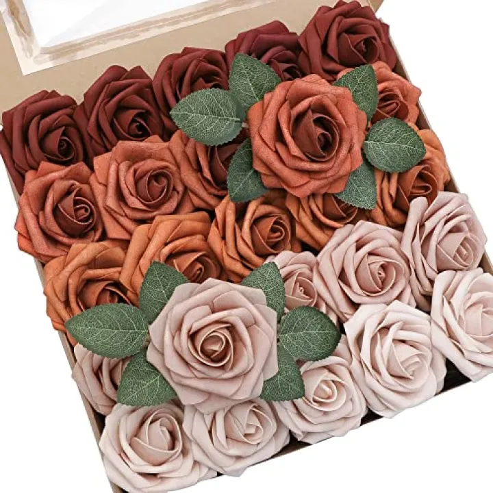 Floroom Artificial Flowers 25pcs Real Looking Terracotta Ombre Colors Foam Fake Roses with Stems for DIY Wedding Bouquets Bridal Shower Floral Centerpieces Party Tables Home Decorations