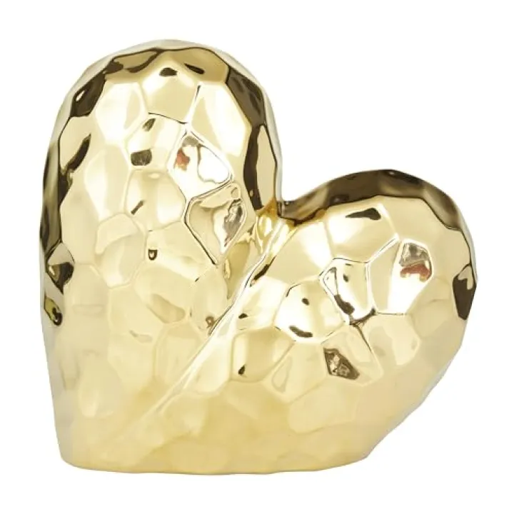 Deco 79 Porcelain Ceramic Heart Decorative Sculpture Dimensional Angled Origami Inspired Home Decor Statue, Accent Figurine 8" x 3" x 8", Gold