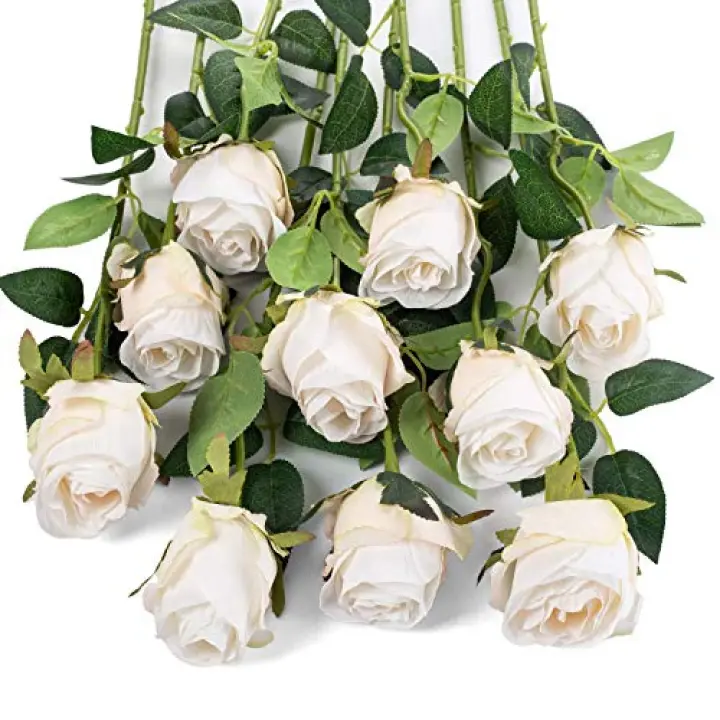 Exoment 10pcs Silk Rose Flower Artificial Roses with Long Stems for DIY Wedding Bouquets Centerpieces Bridal Shower Party Home Decor (White)