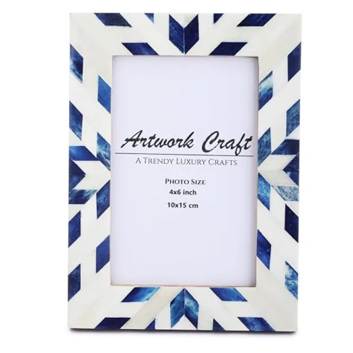 Artwork Craft Bone Photo Frame Aztec Pattern Inspired Vintage Table-Top/Wall Décor Chevron Art Boho Picture Frames (4x6 Inches, Blue)