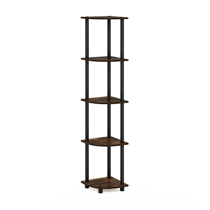 Furinno TURN-N-TUBE Corner Shelf, 5-Tier Corner Bookshelf, Open Storage Shelves, for Organization and Storage, Living Room, Home Office, Garage, Bedroom, Amber Pine